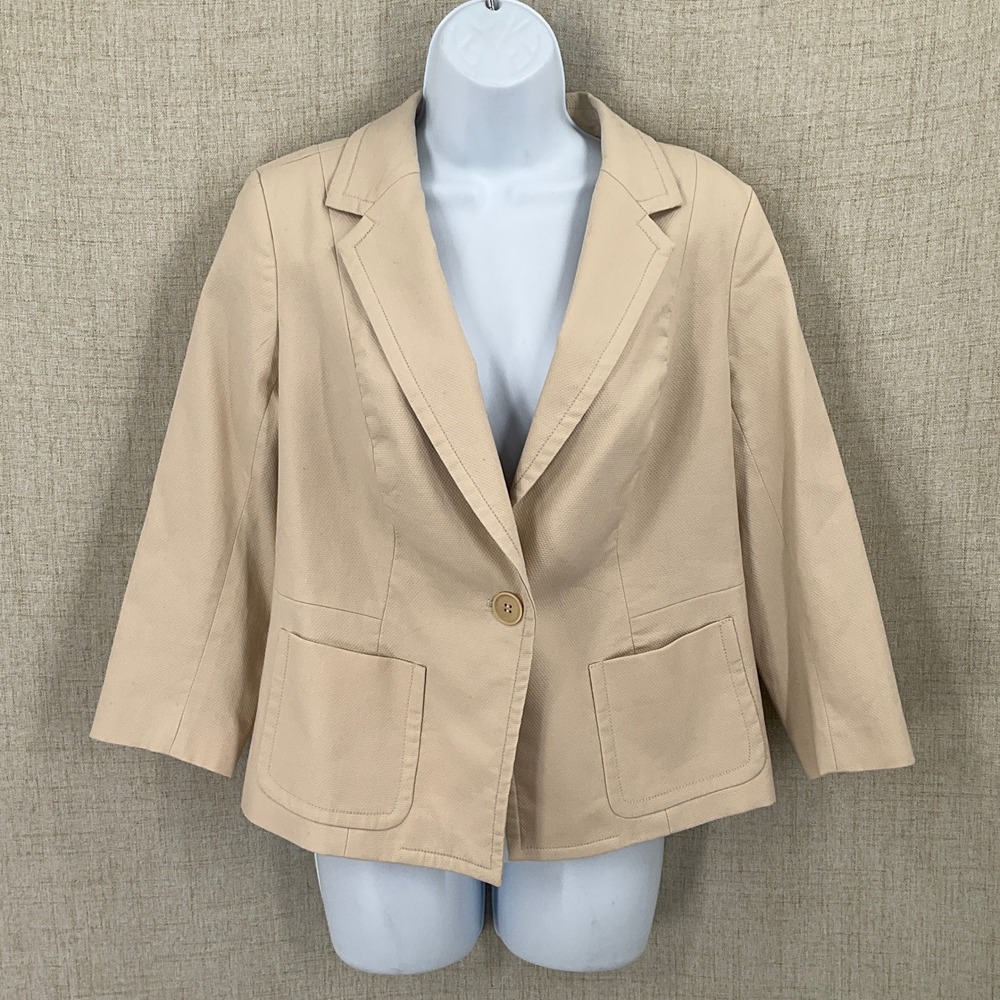 Talbots‎ Blazer Women 12WP Beige Cotton Stretch 3/4 Sleeve Classic Preppy